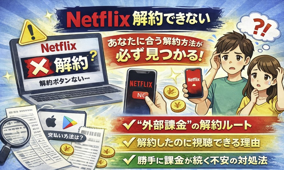 Netflix解約できない罠の原因を、キャンセルボタンがない・課金が止まらない・解約したのに見れるなど症状別に整理。